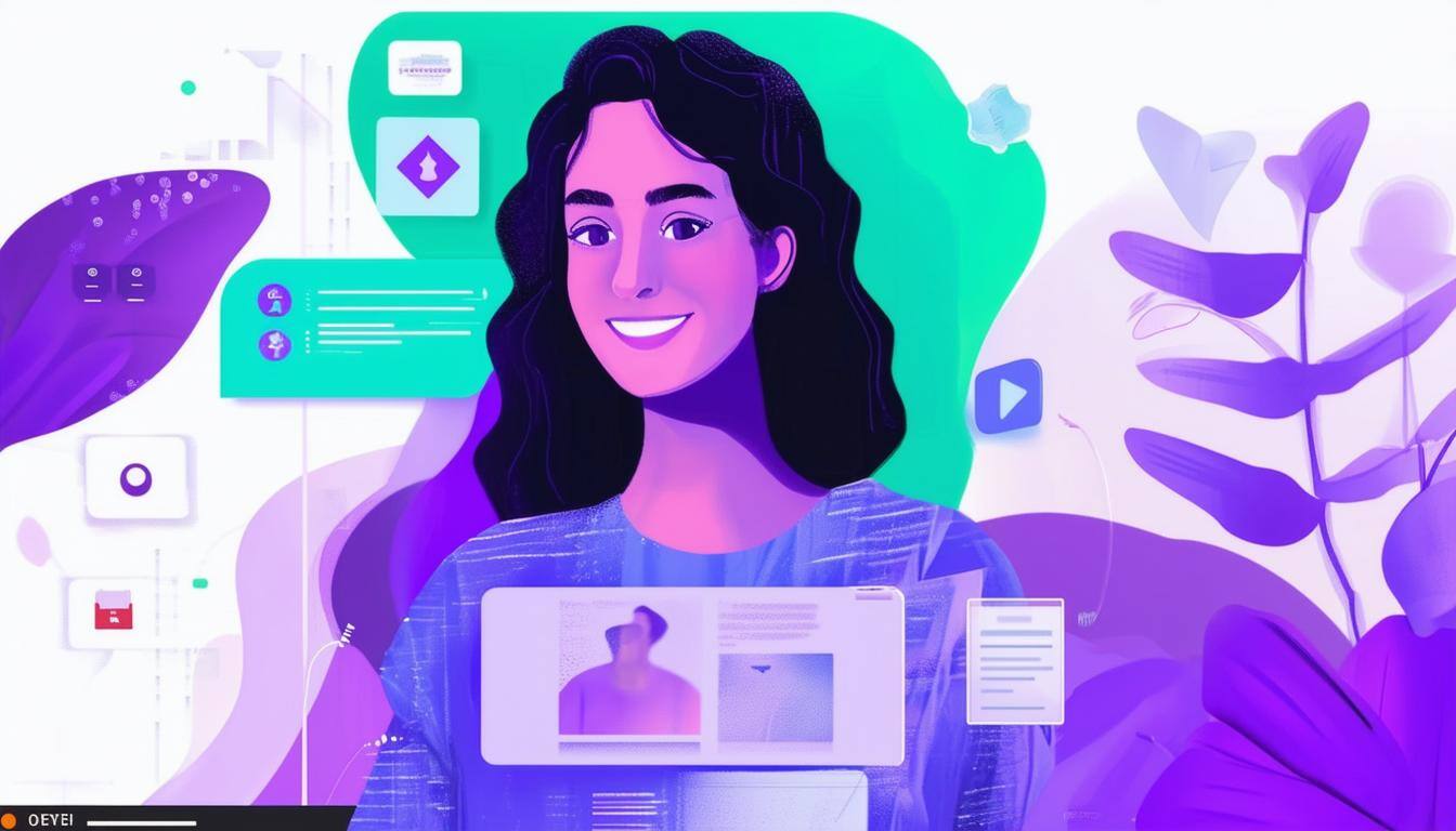 Colorful image of someone in an onboarding video with some purple elements mixed in subtly-2
