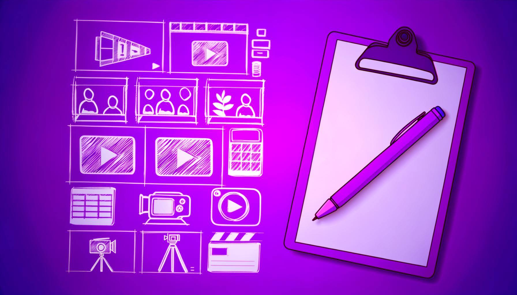 Planning for video production concept with a pencil and clipboard next to icons showing the planning process, highlighting the importance of preparation.