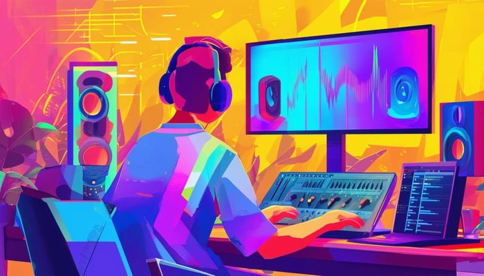 A colorful and cartoonish image of a video editor using music in their video-1