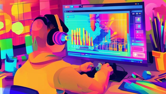 A colorful cartoonish image of a person creating a high quality video