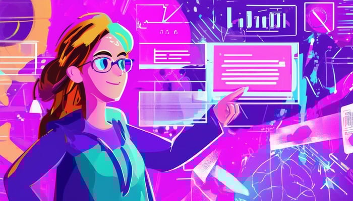 A colorful cartoonish image of a person explaining something for a tutorial video with some subtle purple elements-4