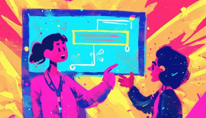 A colorful cartoonish image of a person explaining something-1