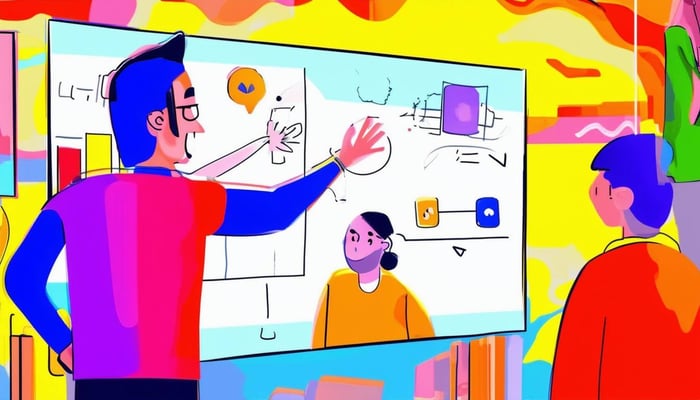 A colorful cartoonish image of a person explaining something
