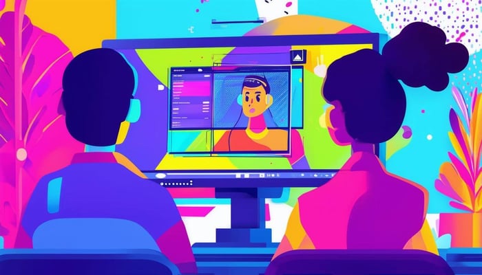 A colorful cartoonish image of a person making a training video