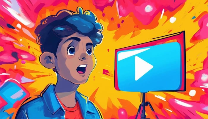 A colorful cartoonish image of a person talking to the camera on YouTube with a subscribe button-2
