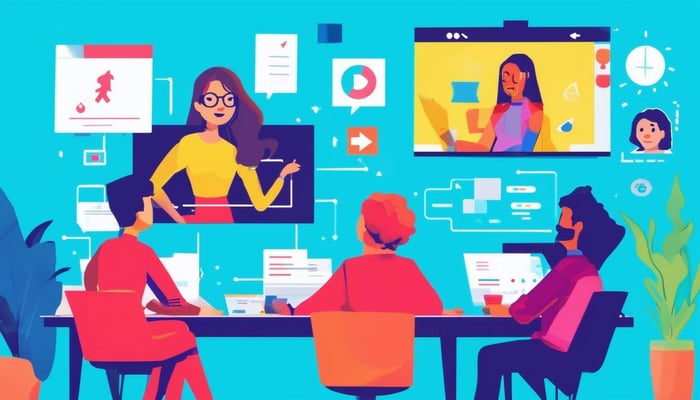 A colorful cartoonish image of a team planning a video