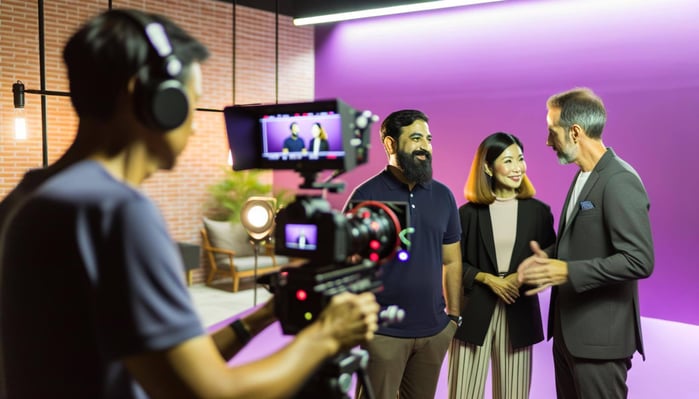 A colorful image of a corporate video being made with people on camera.