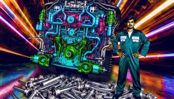 A colorful image of a guy next to a big engine