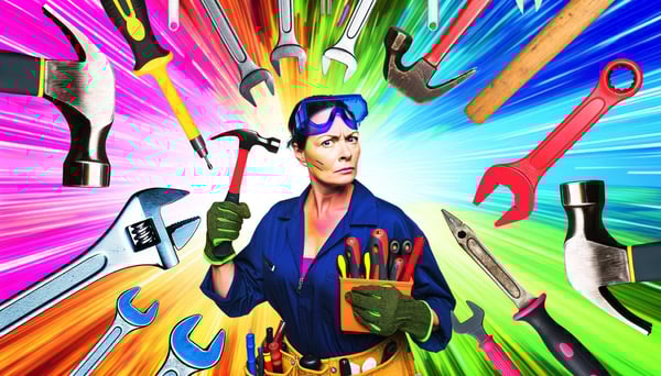 A colorful image of a handy woman with many tools