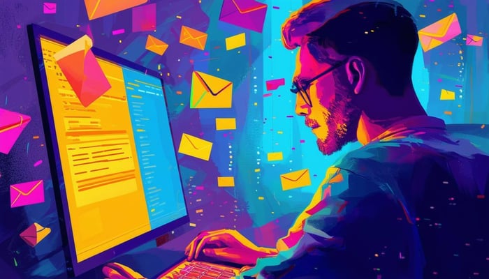 A colorful image of a man reading emails on his computer