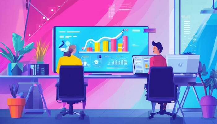 A colorful image of a short onboarding video being watched in the office with graphics on screen