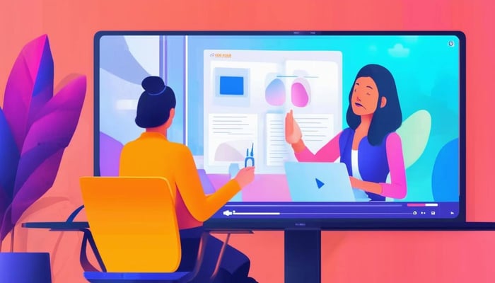 A colorful image of a short onboarding video being watched in the office-1