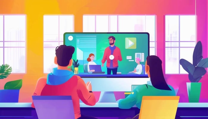 A colorful image of a short onboarding video being watched in the office