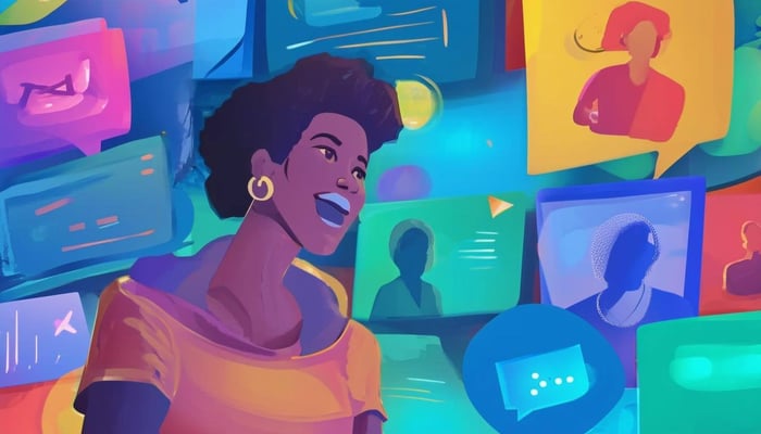 A colorful image of a woman giving a review on a company she enjoys for a testimonial video.