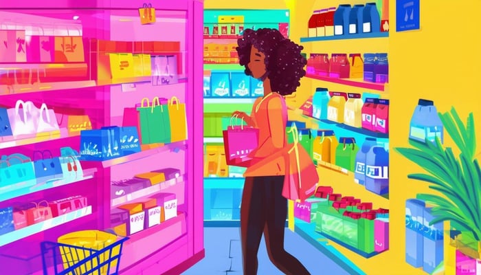 A colorful, cartoonish image of someone shopping