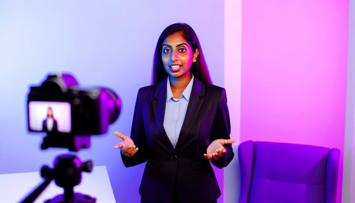 Colorful image of a business person making an about us video with some purple elements
