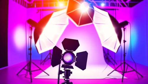 Colorful image of a camera setup with studio lights shining on a subject