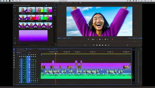 Colorful image of a video editing screen with someone on screen smiling to show the importance of effective video editing.