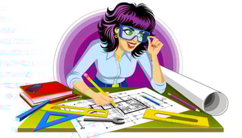 Employee working on their duties with goggles on. Architect working with pencil, rulers, and paper.