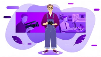 Professional video production man on a purple-themed background ready to make a video for your business. 