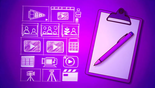 Planning for video production concept with a pencil and clipboard next to icons showing the planning process, highlighting the importance of preparation.