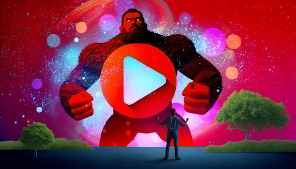 a bright colorful image of a giant with YouTube play button red elements
