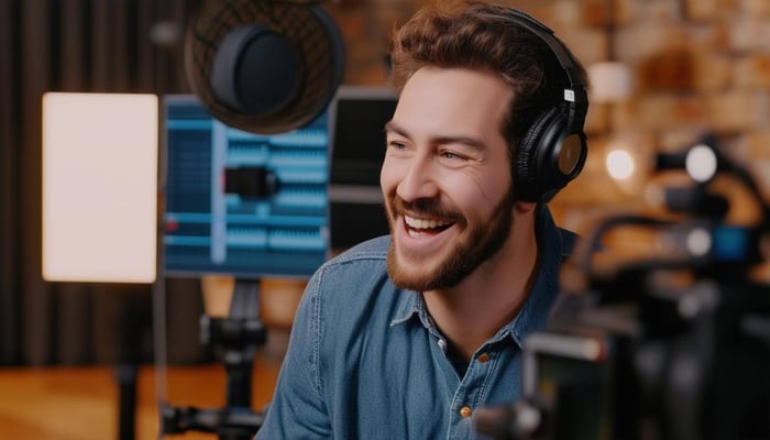 An image of high quality video production of someone talking happily.