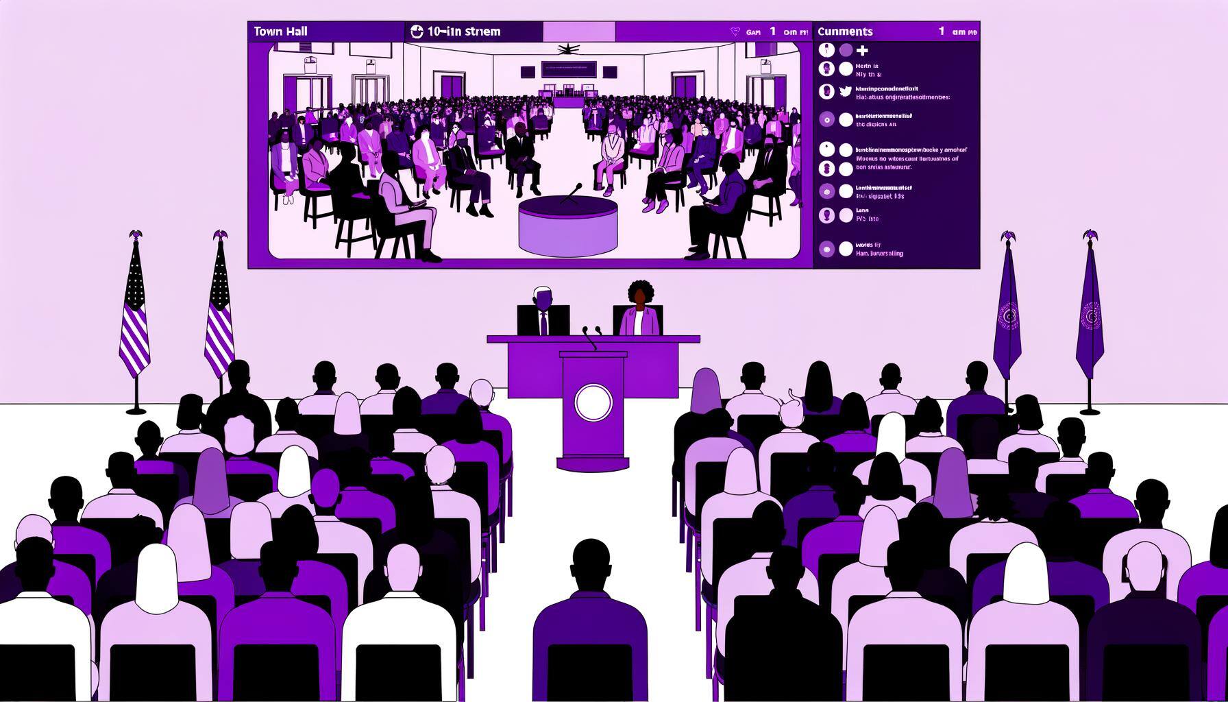 Live town hall event with a speaker addressing an audience illustrating how to drive content from a live town hall event for business engagement and outreach.